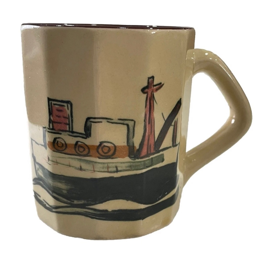 Artsy Hand Painted Tug Boat Tea Coffee Mug Contemporary Geometric Drinkware